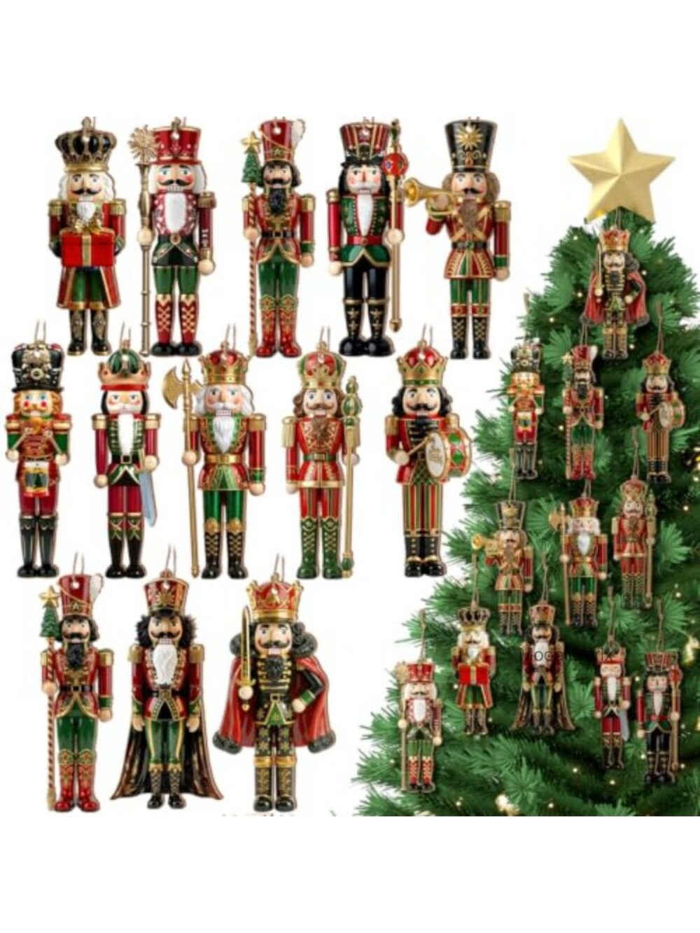 24 Pc Wooden Christmas Nutcracker Ornaments Set Hanging Decor